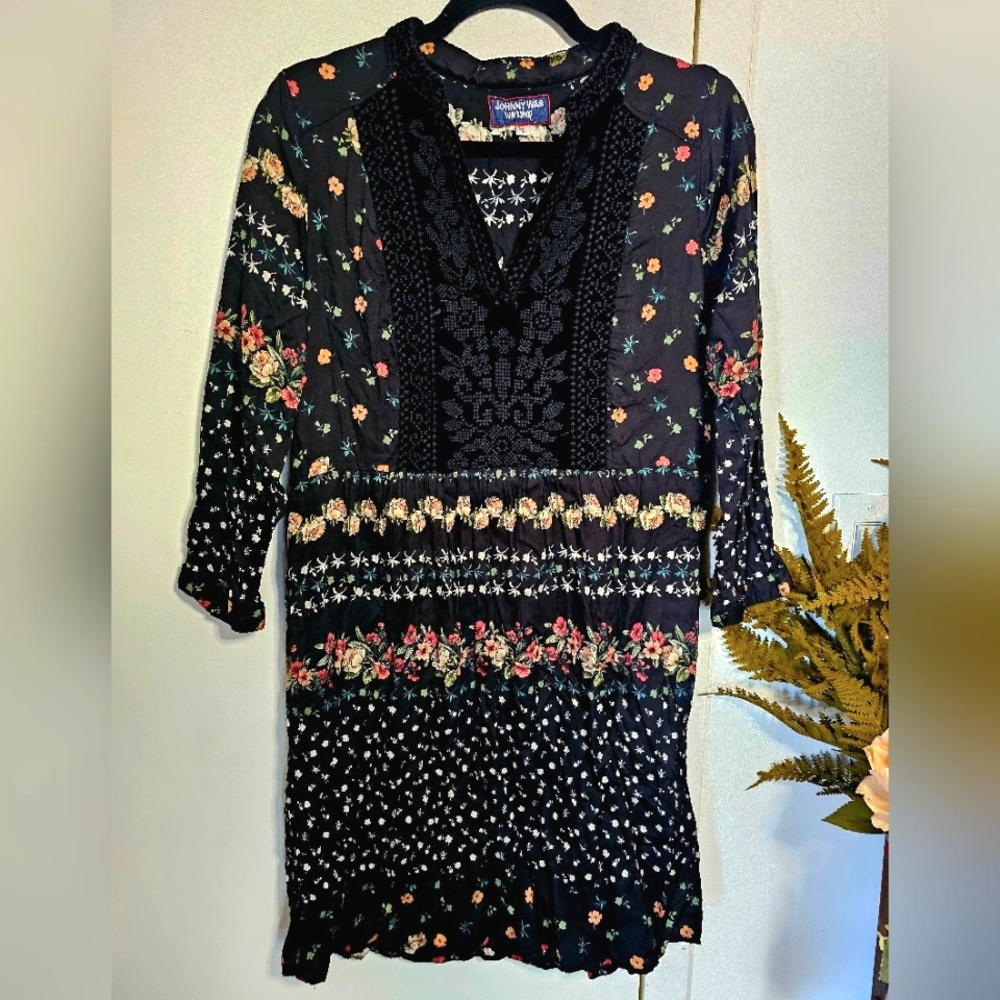 Johnny Was Black Velvet Embroidered Floral Print Boho Peasant Tunic Dress